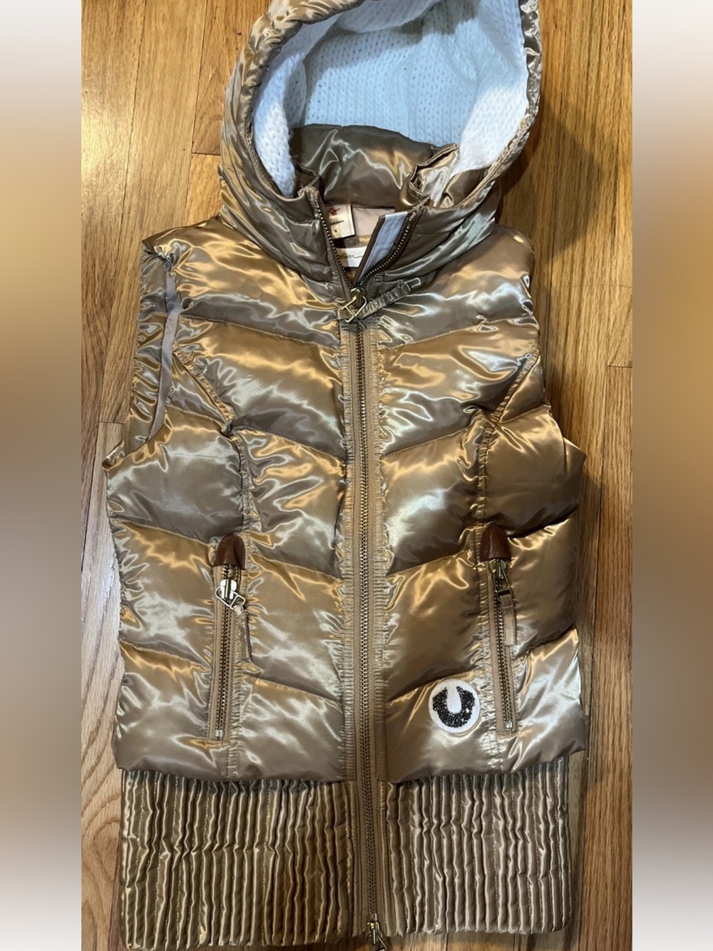 Vintage True Religion down metallic gold puffer vest with hood S